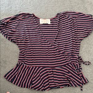 Stylish Striped Wrap Blouse in Black and Red